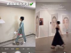 a woman is walking in an art gallery with pictures on the wall and behind her she is holding a tennis racquet