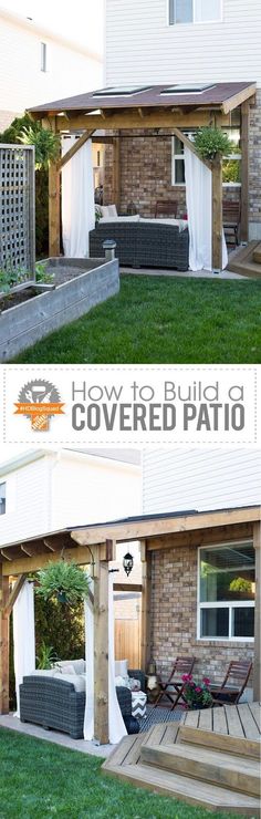 an outdoor covered patio is shown in two different pictures, with the words how to build a covered patio on it