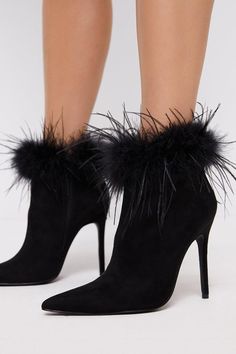 Style: Heeled BootsFabric: Faux Suede Feather Boots, Feather Trim, Faux Suede, Knee High, Stylish Outfits, Shop Now, Trim, Boots, Heels