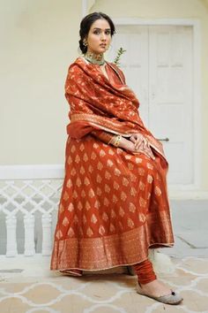 Shop for Safaa Orange Vegan Silk The Meral Anarkali Set for Women Online at Aza Fashions Rust Anarkali, Types Of Work, Luxury Sale, Churidar, Fringe Trim, Floral Motifs, Set For Women, Festival Wear, Anarkali