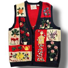 This vintage Marisa Christina sweater vest is a colorful addition to any casual outfit. The floral pattern and tight-knit fabric make it a perfect choice for the fall, winter, and spring seasons. The sleeveless design and V-neckline add a touch of elegance, while the button accents give it a unique feel. Made from a combination of ramie and cotton, this sweater vest is lightweight and comfortable. The XL size and regular fit make it suitable for most women. Whether you're going to a garden or ju Casual Patchwork Sleeveless Sweater Vest, Vintage Patchwork Sweater For Spring, Vintage Floral Print Cardigan For Winter, Vintage Floral Print Winter Cardigan, Retro Knitted Sweater Vest For Winter, Spring Vintage Patchwork Sweater, Vintage Winter Floral Cardigan, Multicolor Cotton Winter Vest, Vintage Winter Floral Print Tops