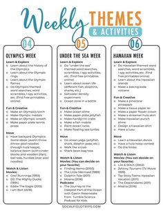 the week's themes and activities for kids