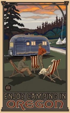 a poster advertising a state park with two people sitting in lawn chairs next to an old trailer