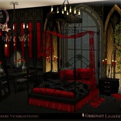 the bedroom is decorated in red and black with gothic touches to it's decor