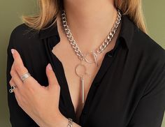 Add a contemporary touch to your style with our Aluminum Curb Chain Geometric Necklace - a sleek, lightweight piece that combines modern design with effortless sophistication! Welcome! 📌Please Kindly Note: The listing is for only one necklace! 📌It is made of a hypoallergenic aluminum chain, very light, which does not oxidize.  📌All the metal parts are made of zamak, which have been immersed in 999o sterling silver twice! 📌It is subjected to an anti-allergic process (nickel and lead-free). 📌 Cheap Statement Necklace With Silver Chain, Luxury Sterling Silver Chunky Chain Necklace, Luxury Sterling Silver Statement Chain Necklace, Luxury Silver Chain Necklace As Statement Piece, Luxury Modern Sterling Silver Necklace, Luxury Double Chain Sterling Silver Jewelry, Chunky Earrings, Minimal Earrings, Silver Necklace Statement