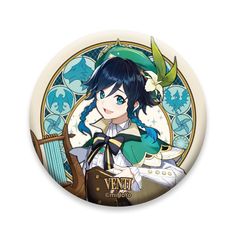 an anime character with blue hair and green eyes is holding a harp in front of a stained glass window