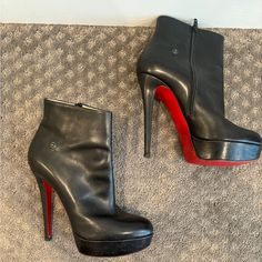 Christian Louboutin Black Red Sole Leather Ankle Boots Stiletto Bootie Inside Ankle Full Zipper Platform Re-Soled Size 39.5 Used Black Pointed Toe Heeled Boots With Red Sole, Luxury Red Sole Ankle Heeled Boots, Formal Ankle-high Heeled Boots With Red Sole, Christian Louboutin Boots Ankle, Red Sole Heels Christian Louboutin Shoes, Red Sole, Shoes Heels Boots, Leather Ankle Boots, Christian Louboutin Shoes