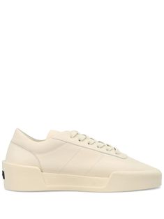 ecru calf leather appliqué logo round toe front lace-up fastening flat rubber sole Cream Low-top Sneakers With Leather Sole, Beige Sneakers With Leather Sole For Streetwear, Classic Off-white Lace-up Sneakers, Cream High-top Lace-up Sneakers With Rubber Waffle Outsoles, Custom Beige Low-top Sneakers With Textured Sole, Custom Low-top Sneakers With Textured Sole In Beige, Beige Low-top Custom Sneakers With Textured Sole, Modern Beige Sneakers With Branded Insole, Custom Beige Leather Sneakers With Laces