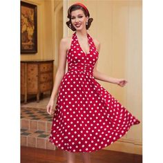 -Color: Red -Style: Casual -Pattern Type: Polka Dot -Details: Backless, Ruched, Tie Back -Neckline: Halter -Type: A Line -Sleeve Length: Sleeveless -Waist Line: High Waist -Hem Shaped: Flared -Length: Midi -Fit Type: Slim Fit -Fabric: Non-Stretch -Material: Woven Fabric -Composition: 95% Polyester, 5% Elastane -Care Instructions: Machine Wash Or Professional Dry Clean -Sheer: No -Lining: 95% Polyester, 5% Elastane Ships In 7-10 Days S = 2/4, M = 6/8 L=10/12 0x=12 1x=14 2x=16 3x=18 4x=20 Boho - W Retro Summer Dress, Backless Dress Summer, Vintage Fashion 1950s, Robes Vintage, Dti Ideas, Swing Dancing, Vintage Summer Dresses, 1950s Style