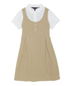 Look what I found on #zulily! White & Khaki Peter Pan Dress - Girls #zulilyfinds Cute Layers, Peter Pan Dress, Childrens Clothes Girls, School Uniform Kids, School Uniform Fashion, Khaki Skirt, Kids Fashion Dress, Poplin Top