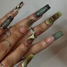 Green ombre nails showcasing a beautiful gradient of lush greens Nice Acrylic Nails Design, Maximalist Nails Fall, Nail Ideas Maximalist, Nail Inspo Trendy 2024 Fall, Fall Maximalist Nails, Funky Square Nails, Square Design Nails, Low Rider Nails, Green Silver Nails