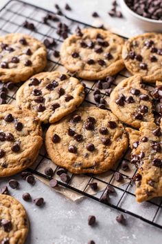 chocolate chip cookies cooling on a wire rack