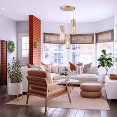 a living room filled with furniture and lots of windows