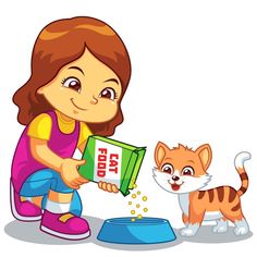 a girl feeding her cat food from a bowl