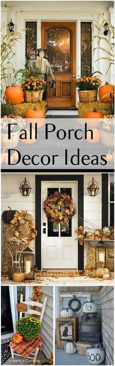 the front porch decorated for fall with pumpkins and other decorations