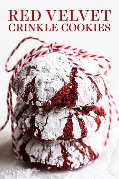 three red velvet crinkle cookies stacked on top of each other with the title text overlay