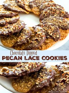 chocolate dipped pecan lace cookies on a white plate with the words, chocolate dipped pecan lace cookies