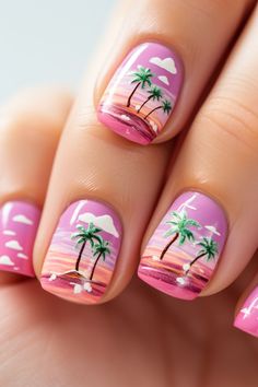 Set sail for a summer adventure with these glossy nails, capturing the vibrant spirit of the tropics with palm trees and warm sunsets. These nails are a picturesque choice for your next beach vacation. For more tropical nails inspiration, sail over to nailhow.com! Kutek Maroon, Kuku Pink, Ways To Paint Your Nails, Nail Art Maroon, History Of Nail Polish, Fashion Nail Designs, Beach Themed Nails, Silk Wrap Nails