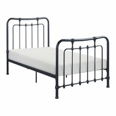 a black metal bed frame with white sheets and pillows on the bottom, in front of a white background