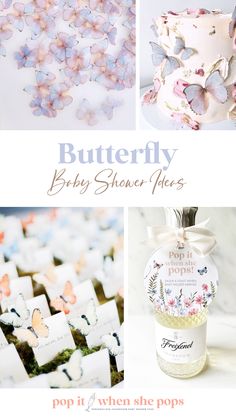 several different pictures with butterflies on them and the words butterfly baby shower flies above it