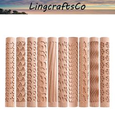 six wooden carvings are lined up in a row with the words lingcrafts co on them