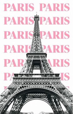 the eiffel tower in paris with pink and white lettering on it's side