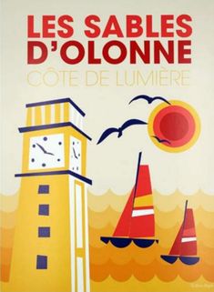 a poster with a lighthouse and sailboats on it