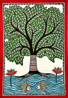 an art work depicting a tree with fish in the water