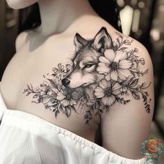 a woman's shoulder with flowers and a wolf tattoo on the back of her