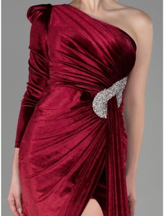 A-Line Evening Gown Christmas Elegant Dress Formal Sweep / Brush Train Long Sleeve One Shoulder Velvet with Glitter Pleats Ruched Red Evening Gown For Christmas, Elegant Christmas Gown For Formal Occasions, Elegant Christmas Formal Gown, Elegant Floor-length Evening Dress For Christmas, Elegant Christmas Gown Fitted Style, Elegant Fitted Christmas Gown, Red Christmas Evening Gown, Holiday Festive Gown With Sequins, Festive Holiday Gown With Sequins