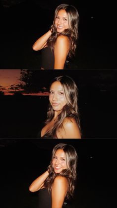 a woman in a black dress posing for the camera with her arms behind her head