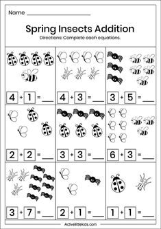 spring insects addition worksheet for kids to practice counting and subtracing numbers