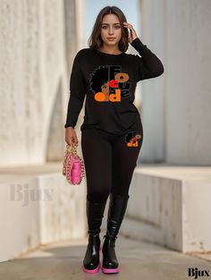 Bjux - Womens Girl & Letter Print Two-piece Set: Long Sleeve Crew Neck Top & Skinny Leggings Outfits Black Graphic Print Sets For Winter, Winter Black Graphic Print Sets, Black Letter Print Sets For Fall, Leggings Outfits, Cute Fabric, Legging Outfits, Crew Neck Top, Letter Print, Types Of Printing