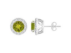 7mm round peridot and round white topaz rhodium over sterling silver halo stud earrings. Measures approximately 0.43" L x 0.43" W and have post with friction backings. Round Peridot Jewelry With Halo Setting, Halo Stud Earrings, Halo Earrings Studs, White Topaz, Topaz, Halo, Stud Earrings, Sterling Silver, Silver