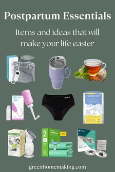 the contents of a green homemaking kit including items such as cups and teas