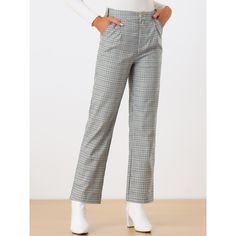 These pants are essential for dressing up or down. Lightweight fabric, covered in a plaid pattern, shapes these trendy trousers with a high-rise fit. How it is a bit high waist and how it gathers at the waist adding shape to the body. You may love everything about these trousers, from their regular fit to the elastic high-waist, which could double as a hiding mechanism for women with love handles. Style these trousers with a crop top and heels for the ultimate look. This fashionable and trendy c Fall Houndstooth Trousers, Fall Houndstooth Straight Pants, Fall Houndstooth Pattern Straight Bottoms, Chic Plaid Straight Leg Pants, Houndstooth Straight Pants For Fall, Straight Pants With Houndstooth Pattern For Fall, High Waist Houndstooth Pants For Fall, Fall High-waisted Houndstooth Pants, Fitted Straight Leg Pants With Houndstooth Pattern