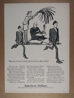 an advertisement for american airline shows three men sitting on a table