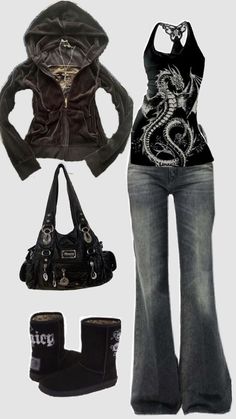 Mcbling Aesthetic Outfits, 2008 Aesthetic Fashion, 2000s Black Outfits, How To Lengthen Jeans, Mcbling Fashion 2000s, Y2k Dark Outfits, Alt Y2k Outfits, 2000 Grunge Aesthetic, Put Your Oc In This Outfit