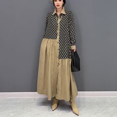 Full Sleeve Hit Color Patchwork Autumn Woman Khaki Printed Long Shirt Dress Loose Fit Big Size Chic Loose Shirt Dress, Colour Blocking Fashion, Dresses Spring, Taffeta Dress, فستان سهرة, Printed Cotton Dress, Trendy Chic, Linen Maxi Dress, Comfortable Room