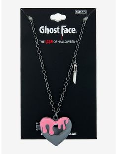 Scream Ghost Face Pink Drip Heart Locket Necklace | Hot Topic Ghostface Accessories, Ghostface Clothes, Ghostface Merch, Ghost Face Pink, Singer Inspiration, Halloween Costume Jewelry, Hello Kitty Room Decor, Cute Promise Rings, Baked Dessert