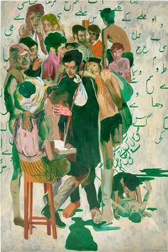 an image of a painting with many people in the background and one man standing on a stool