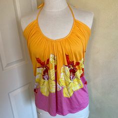 Get Ready For Your Next Vacation With This Brightly Colored Tropical Dvf Halter/Tank! Ties Behind Neck, Relaxed Fit Nwt I Purchased For A Vacation That Never Happened Multicolor Tank Blouse For Spring, Multicolor Sleeveless Blouse For Day Out, Floral Print Stretch Halter Neck Top, Stretch Floral Print Halter Neck Top, Stretch Halter Neck Top With Floral Print, Pink Sleeveless Blouse For Vacation, Stretch Pink Tops For Vacation, Summer Stretch Pink Blouse, Feminine Yellow Top For Beach