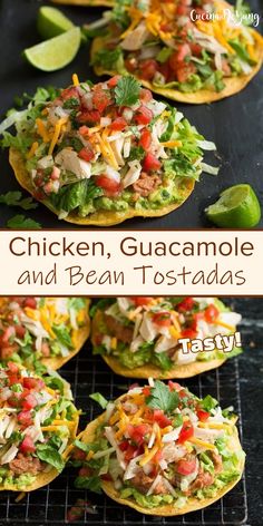 chicken, guacamole and bean tostadas on a cooling rack