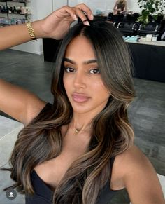 Brunette Hair On Asians, Dark Blonde Hair On Tan Skin, Barely There Highlights Dark Hair, Hairstyles For Matric Ball, Brown Balayage On Black Hair Indian, Winter Dark Brown Hair, Brown Skin Highlights Hair, Brown Highlights On Dark Skin, Bronde Caramel Balayage