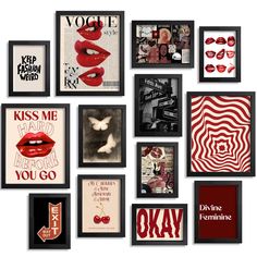 a collage of framed art with red lips and lipstick on it's wall