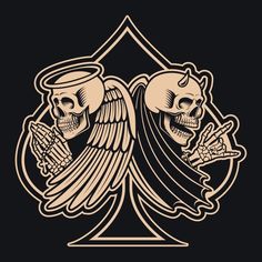 two skulls with angel wings holding hands in front of an ace symbol on a black background