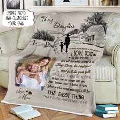 a personalized blanket with an image of a couple on it and the words to my daughter