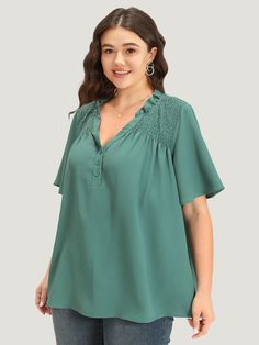 Shop Plain Shirred Button Through Frill Trim Stand Collar Blouse now and redefine your style with confidence at BloomChic. Tailored for mid and plus-size women. This trendy Tops Women, sizes 10-30. Season:Summer;Color:Aegean;Style:Elegant;Pattern Type:Plain;Neckline:V-neck;Sleeve Type:Ruffle Sleeve;Details:Shirred, Button, Ruffles, Plain, Gathered;Pocket:No-pocket;Snap Fastener:No-snap fastener Solid Button Blouse For Vacation, Vacation Blouse With Buttons, Rayon V-neck Top With Button Closure, Summer Rayon Blouse With Button Closure, Summer Rayon Blouse With Buttons, Rayon Short Sleeve Blouse With Button Closure, Stand Collar Blouse, Womens Trendy Tops, Elegant Pattern