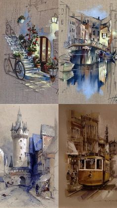 four different pictures with buildings and watercolors on them, one has a trolley