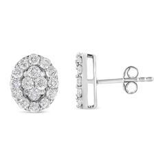 These glamorous earrings are set with a dazzling total diamond weight of 1 1/2 cttw. Designed in an ovular manner, these earrings are set with 40 round-cut diamonds in an elegant prong setting. The overlapping of the diamonds gives these earrings a magnificent feel. This will be your favorite piece in your jewelry collection. Oval Brilliant Cut White Gold Cluster Earrings, Oval White Gold Cluster Earrings With Brilliant Cut, Oval Diamond Cluster Earrings For Anniversary, Oval Brilliant Cut Cluster Earrings For Anniversary, Oval Diamond Earrings With Pave Setting For Anniversary, Oval Diamond Cluster Earrings With Prong Setting, Classic Oval Cluster Earrings With Halo Design, Oval Cluster Earrings In White Gold For Anniversary, Oval White Gold Cluster Earrings For Anniversary